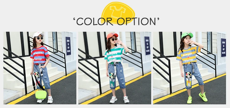Summer Wear Striped T-Shirt + Distressed Jeans Outfit Street Style Kids Girls 2Pcs Clothes Set Kids Girl Clothing Set For Kids