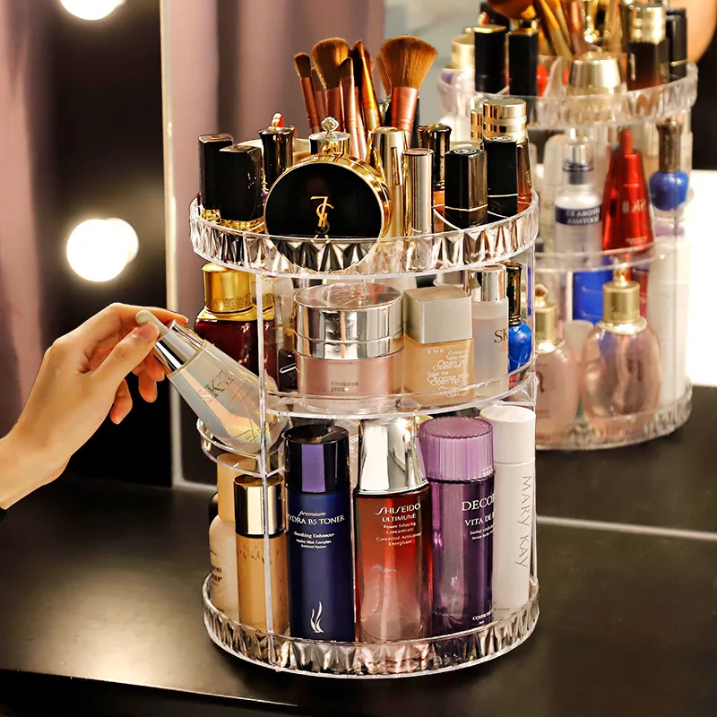 

Rotating Diamond Pattern Cosmetic Storage Box Acrylic Box Dressing Table Lipstick Skin Care Product Storage Box Makeup Organizer