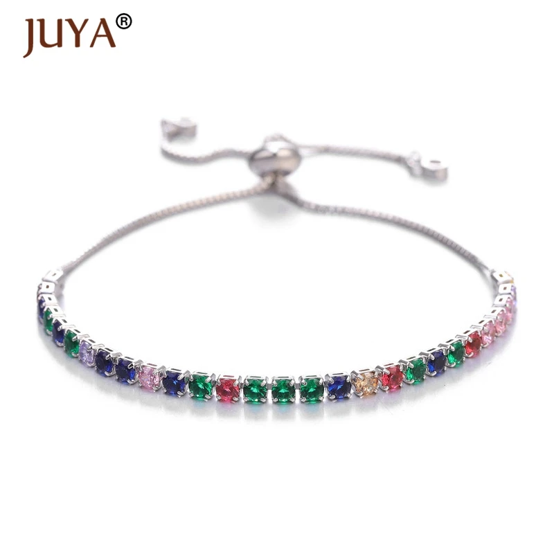 silver JUYA Браслет Женская мода Радужный цвет золото/серебро Регулируемая теннисная цепь AAA кубический цирконий CZ Стразы браслет - Окраска металла: silver