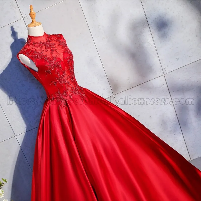 Один элемент красный атлас Высокая шея сладкий Vestido De 15 Anos De Quinceanera платья