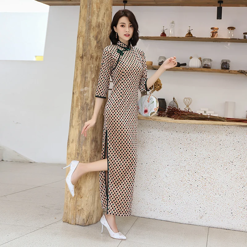 Модные женские длинные Cheongsam Китайский Стиль Мандарин воротник платье Весна велюр Кнопка Qipao Тонкий платья для вечеринок Vestido M-3XL