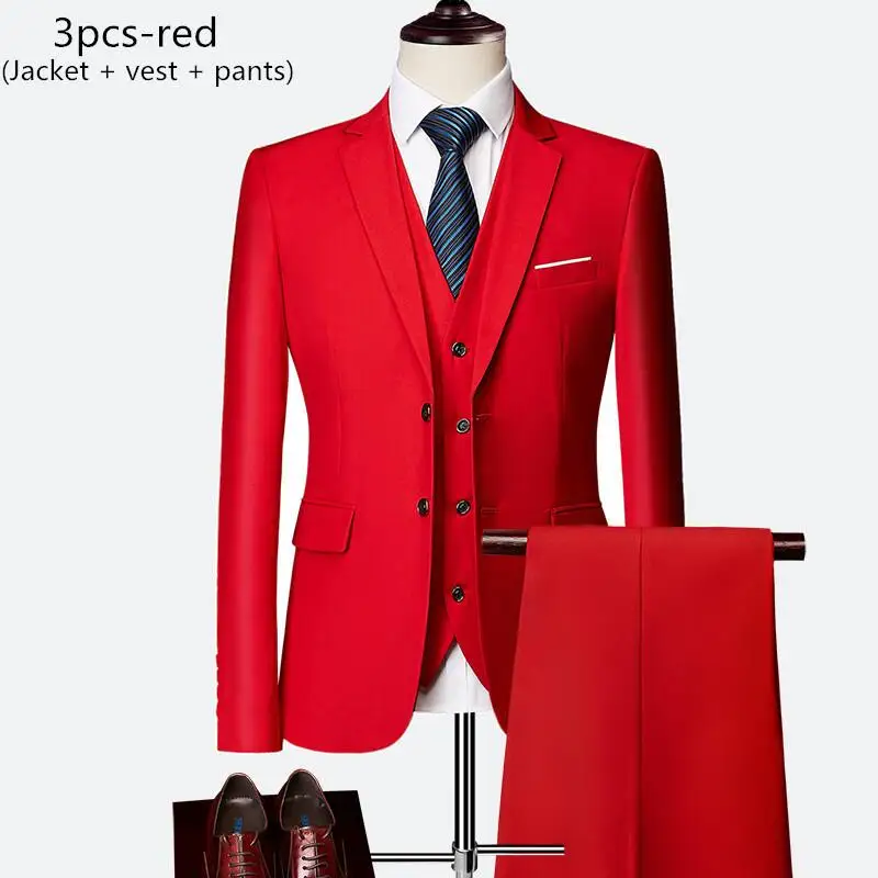 3pcs-red Пиджак+ брюки+ жилет) роскошный классический мужской повседневный деловой костюм, Свадебный Выпускной мужской смокинг, тонкий мужской костюм, одежда для джентльмена - Цвет: 3pcs-red