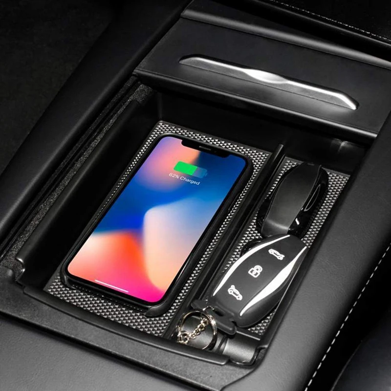 Wireless Phone Charger Center Console Organizer Fast Charging Armrest Box Storage Tray Pad Accessories For Tesla Model X And S 2