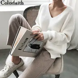 Colorfaith Новинка 2019 осень зима женские свитера v-образный вырез минималистичные топы Модный корейский Стиль Вязание повседневные однотонные