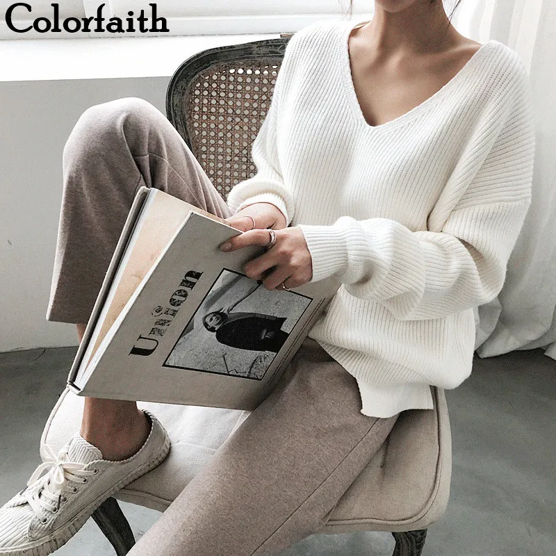 Cena Colorfaith nowy 2019 jesień zima swetry damskie V Neck minimalistyczny topy modny koreański styl Knitting Casual Solid SW8112