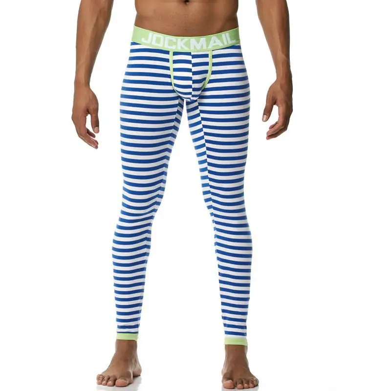 green striped 07 Мужская нижняя часть пижамы для сна, термобелье, штаны, одежда для сна, подштанники, мужская хлопковая Домашняя одежда, мужские брюки с мешочком для пениса - Цвет: green striped 07