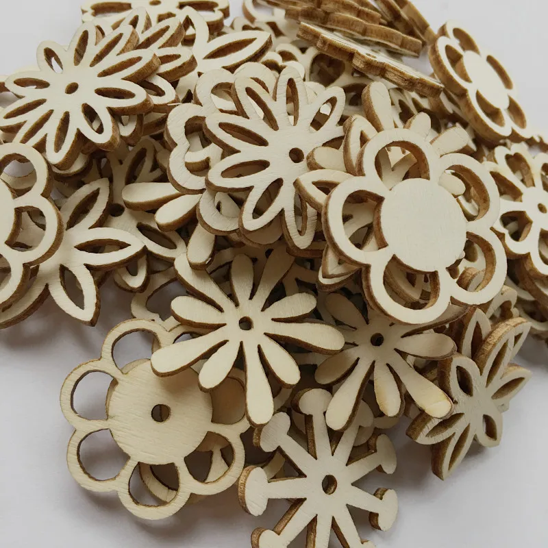 50pcs Laser Cut Wood Embellishment Hollow Out Wooden Flower Shape Wood