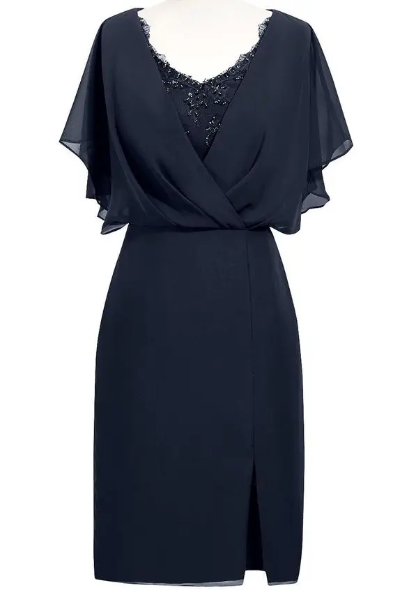 navy blue "Простой элегантный мать невесты Платья шифон мать жениха платья платья кружева бисером длиной до колена мать платье партии " - Цвет: navy blue