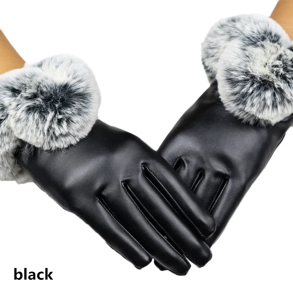 black Новые модные женские черные кожаные PU перчатки женские зимние теплые кроличьи меховые варежки с сенсорным экраном ветрозащитные утепленные кашемировые перчатки - Цвет: black