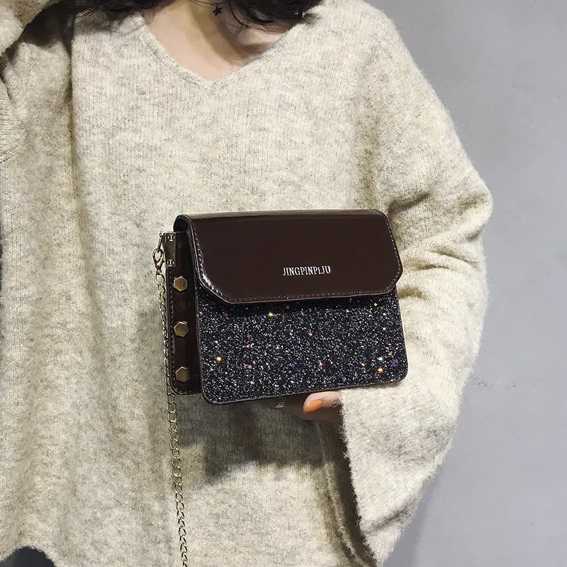 

Sequin Patent Leather Bag Women's 2019 New Style Korean-style Versatile Rivet Chain Square Sling Bag Fashion Crossbody Bag
