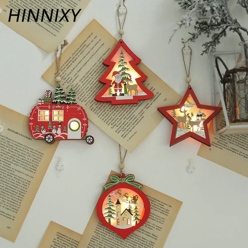 

Hinnixy Christmas Pendant Night Light Wooden Red Christmas Tree Bus Pentagram Hollow With Warm Light Holiday Decor Accessories