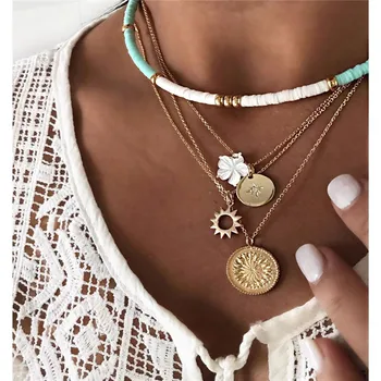 

ALYXUY Retro Women Necklaces Flower Round Blue Bead Geometric Pendant Chain Multilayer Gold Necklace Personality Wedding Jewelry