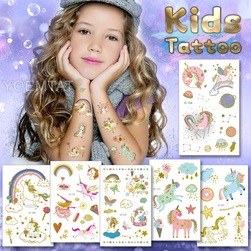 

Unicorn Clouds Rainbow Planet Stars Cute Children Kids Baby Boys Girls Golden Glitter Tattoo Sticker Arm Body Art Tato Man Woman