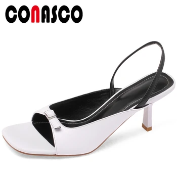 

CONASCO Women Sandals Concise Elegant Casual High Heels Buckle Peep Toe Pumps Genuine Leather Shallow Shoes Woman Summer 2020