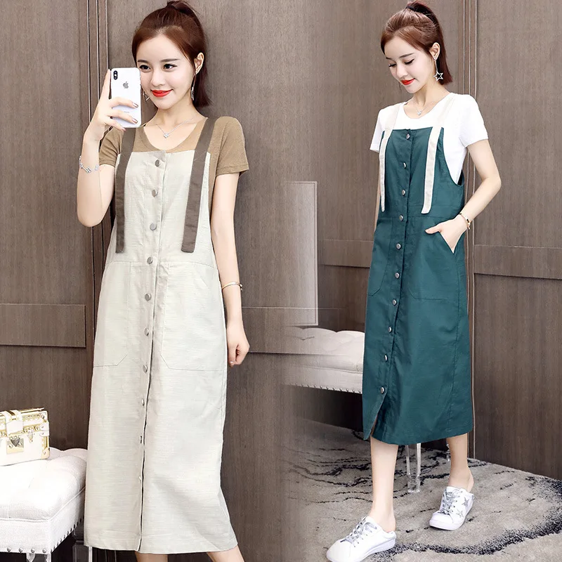 

2019 Summer New Style Short Sleeve Solid Color WOMEN'S Dress Worry Collocation Casual Suspender Strap Long Skirts Slimming by Ag