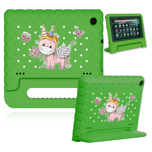 Cute Cartoon Kids Cover for Fire 7 (5th 7th 9th Gen)/HD 8 Tablet Handle Stand Funda Case for Fire HD 8 Plus (10th Gen 2020) 15.green case-pink c