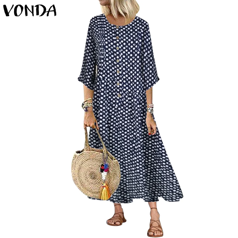 Женское длинное платье в горошек VONDA, летнее винтажное богемное платье с рукавом-фонариком размера плюс, сарафан, Повседневное платье