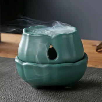 

Ceramic Lotus Flower Incense Burner Alloy Dish Chinese Buddha Incense Holder Burner Green Creative Incensario Home Decor BE50IN