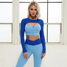 

Autumn Patchwork Fitness Sets 2 PCS Long Sleeve Yoga T-shirts Power Sport Leggings Workout Suits Nylon Athletic Women Clothing