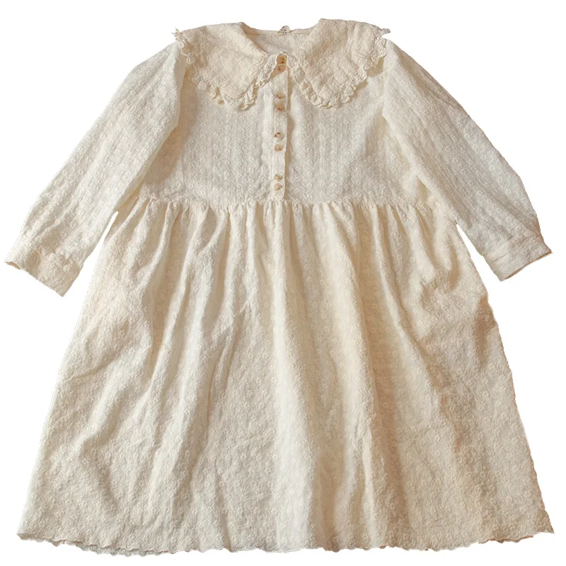 

South Korea's literary retro loose doll collar embroidered flowers in the long cotton dress 2019 new Sennu