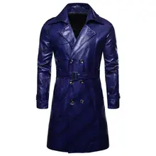 Осенне-зимние мужские Длинные Куртки из искусственной кожи, повседневные тонкие мужские двубортные ветровки из искусственной кожи