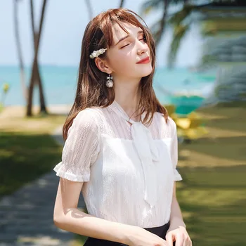 

blusas mujer de moda white lace chiffon blouse shirt short sleeve womens tops and blouses women shirt блузка женская ropa