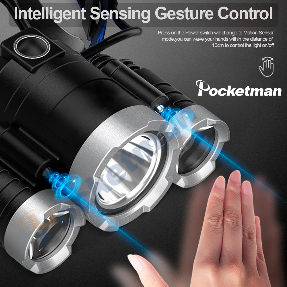 

3200LM Powerful Sensor Headlamp Rechargeable Body Motion Sensor Headlight Waterproof LED Head Light USB Head Front Torch 18650