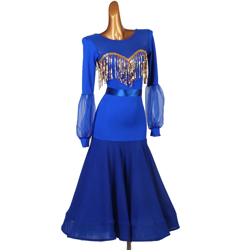 

2020 New Blue Ballroom Competition Dress Long Sleeves Women Modern Dresses Standard Waltz Dancing Dresses