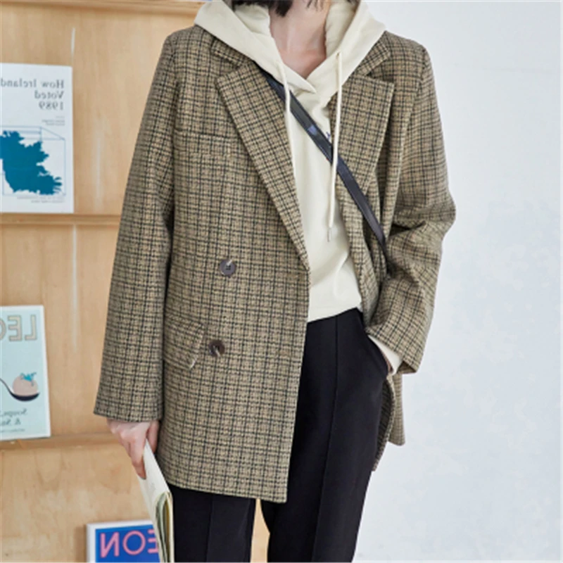 

Houndstooth Suit Jacket Women Fall Winter New Korean Casual Loose Straight Single Breasted Suits Coat Retro Woolen Blazers Femme