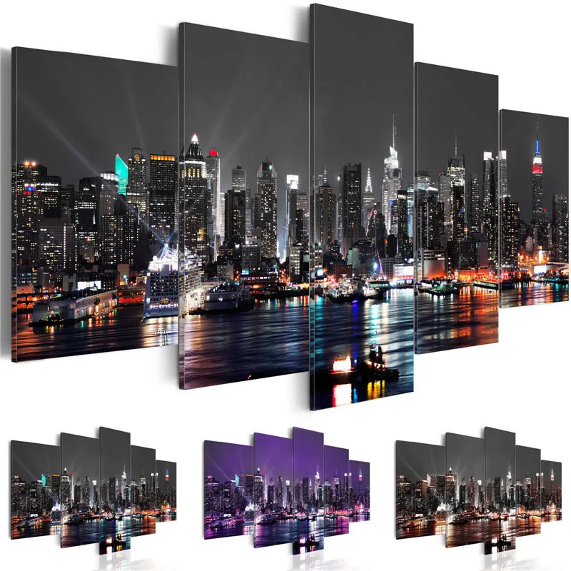 

Five Piece Set Canvas Painting Busy Urban Architecture Night View Art Poster Modular Picture Living Room Modern Decorative Mural