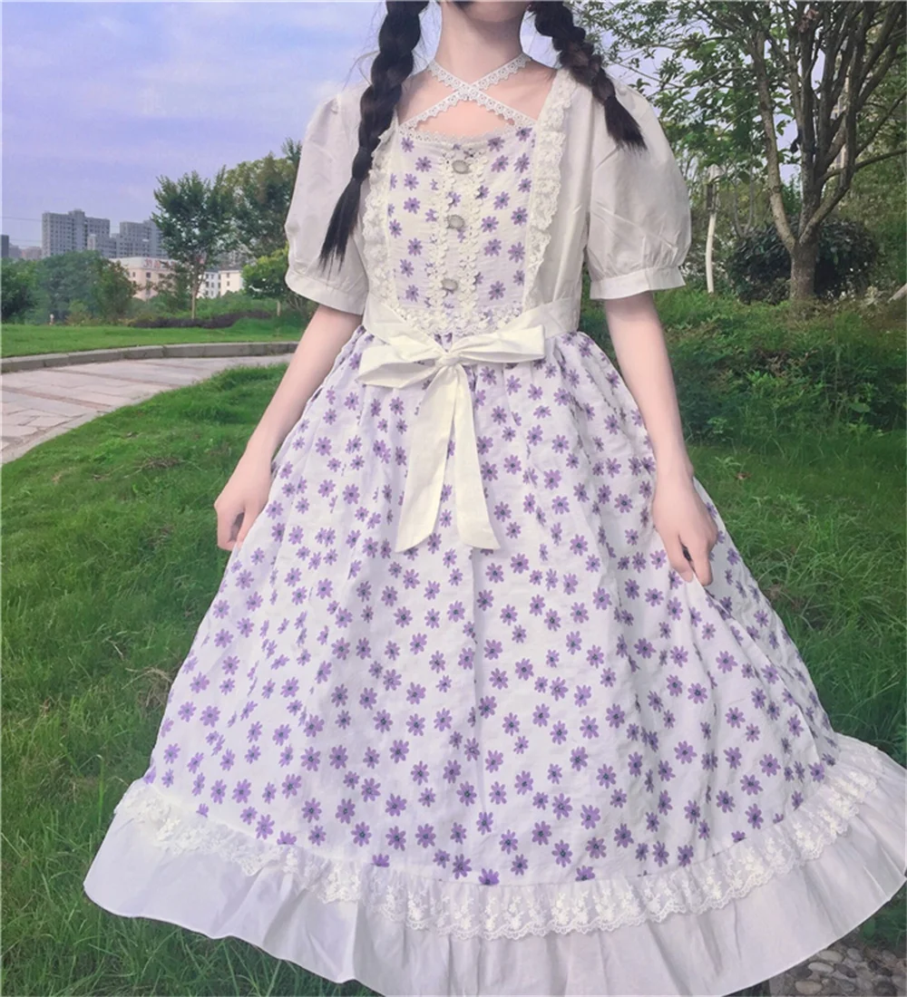 Japanese Sweet Kawaii Cute Lolita Style Women Dress Summer Soft Girly Square Collar Puff Sleeve Floral Printed Lady Dress Female