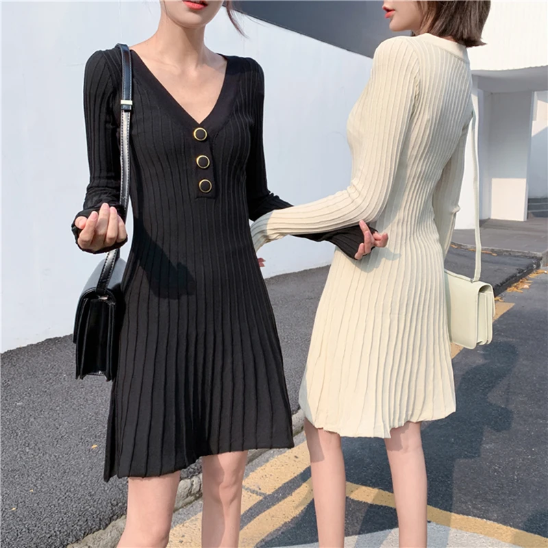 Korean Style Button Knit Dress Woman Beige Black Bottoming Slim V-Neck Ribbing Short Dresses 2020 Autumn Winter New Arrival