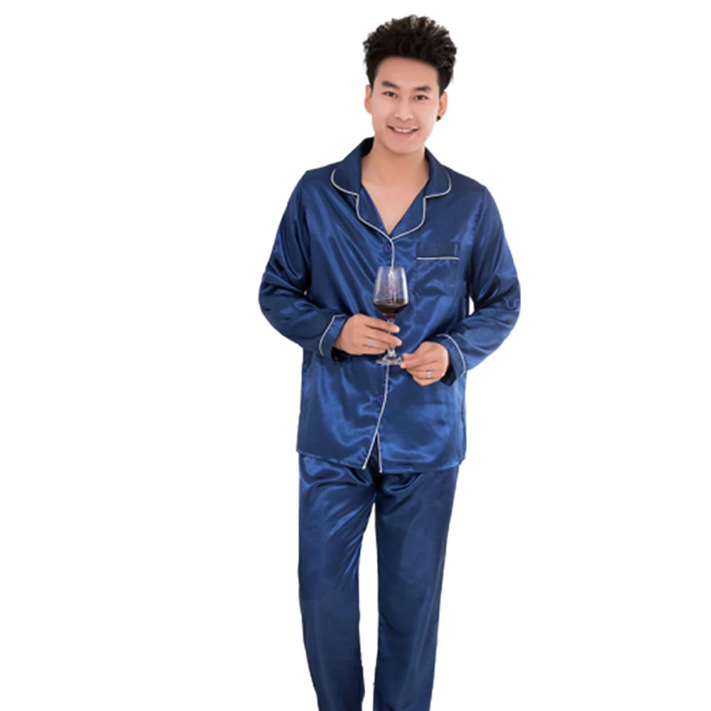 best mens pajamas Silk Men Pajamas Set two-piece Solid Color Fashion Men's Long-Sleeved Trousers Couples Long Sleeve Suit Casual Home Clothing mens pjs set Pajama Sets