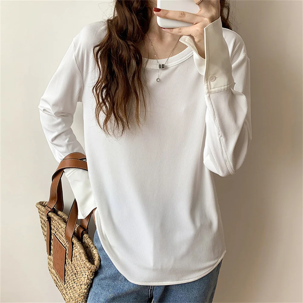 Alien Kitty White Women T-Shirts Patchwork Mid-Length Loose Cotton 2021 Casual Bottom New Chic All Match Office Lady Hot Tops | Женская
