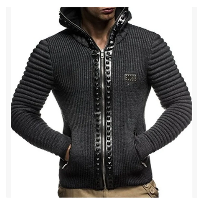ZOGAA 2019 Brand Men's Sweater Coat Casual Knitted Hooded Jacket Coat Solid Hat Rivet Trim Men's Zipper Sweater Jacket Fashion ZOGAA 2019 Brand Men's Sweater Coat Casual Knitted Hooded Jacket Coat Solid Hat Rivet Trim Men's Zipper Sweater Jacket Fashion