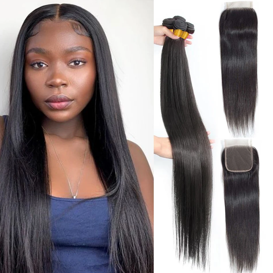 Straight 3/4 Bundles with Closure Human Hair Malaysian Hair Weave 30