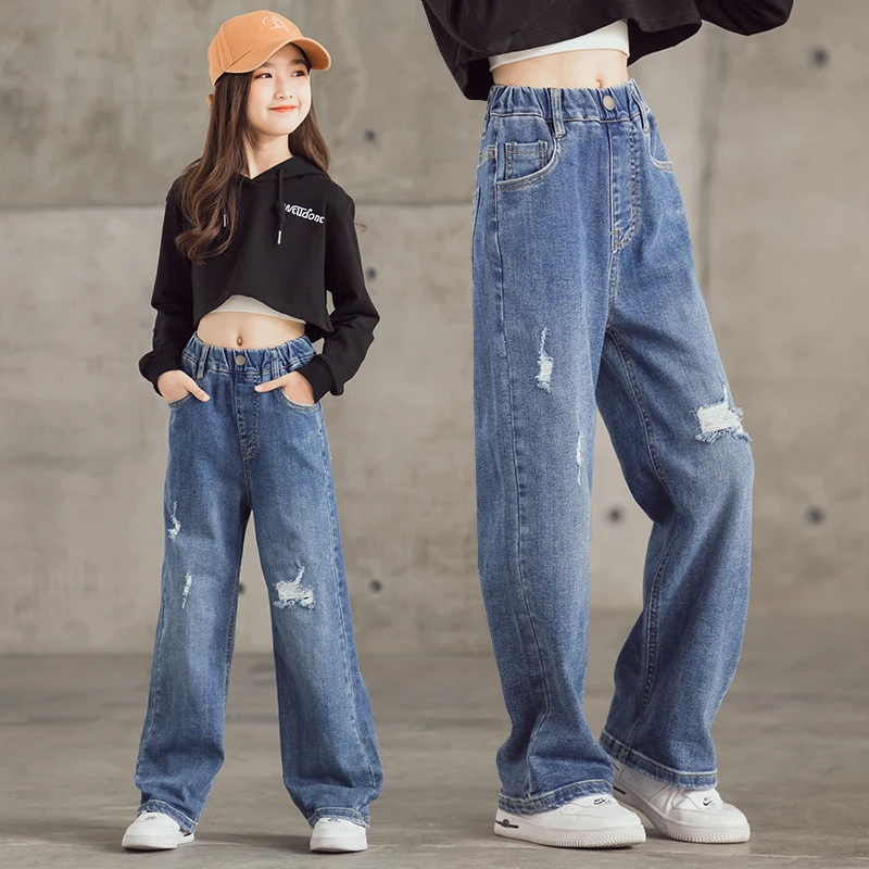 Calça jeans rasgada larga feminina, nova calça coreana de cintura elástica  lisa para crianças 3 15 anos de idade primavera e outono roupas para  crianças|Jeans| - AliExpress