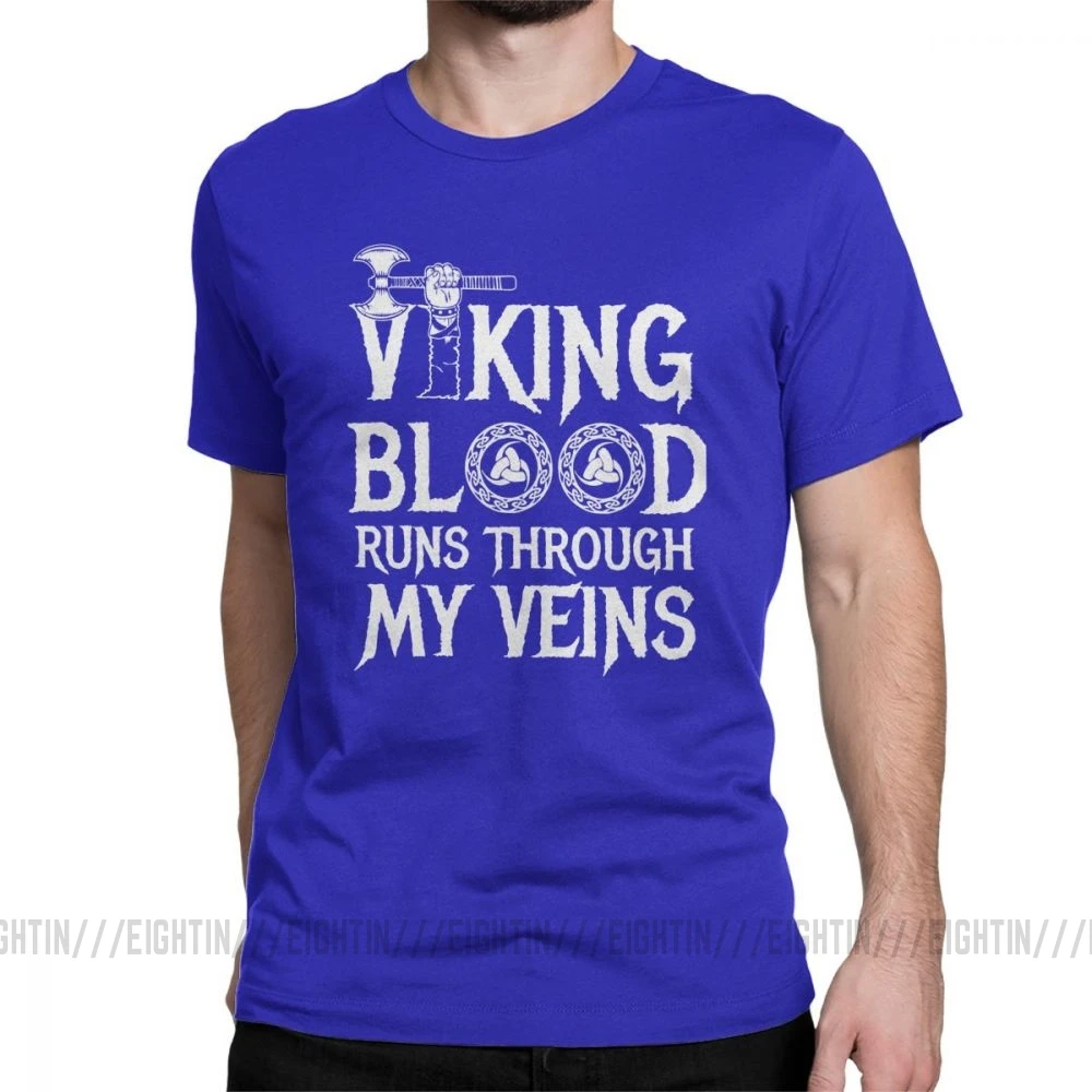 Футболка с викингом Blood Runs In My Viens Valhalla, Мужская Дизайнерская одежда, модные футболки с круглым вырезом из хлопка - Цвет: Синий