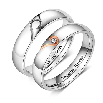 

Personalized Engraved Heart Couple Rings Set Stainless Steel Engagement Band Wedding Rings for Men Women with CZ Stone Jewelry