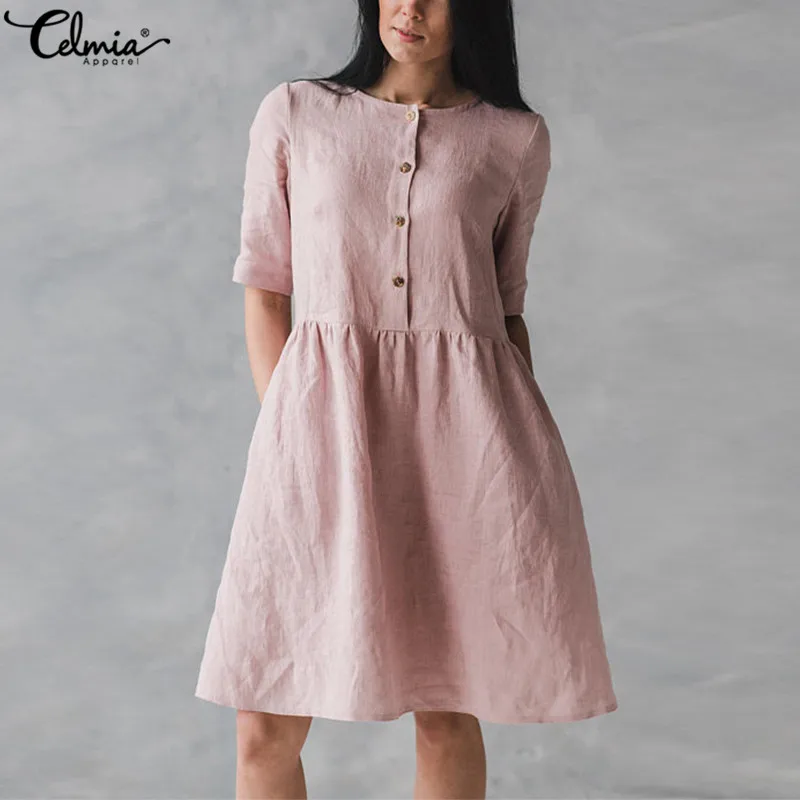 Женское винтажное платье рубашка из хлопка и льна летнее свободное однотонное на