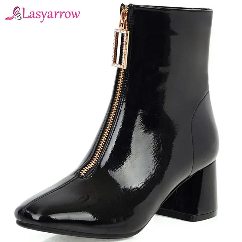 

Lasyarrow Chelsea Boots Soft PU Leather High Heels Ankle Boots Front Zip Black Red Wedding Shoes Woman Black Short Boots J1068