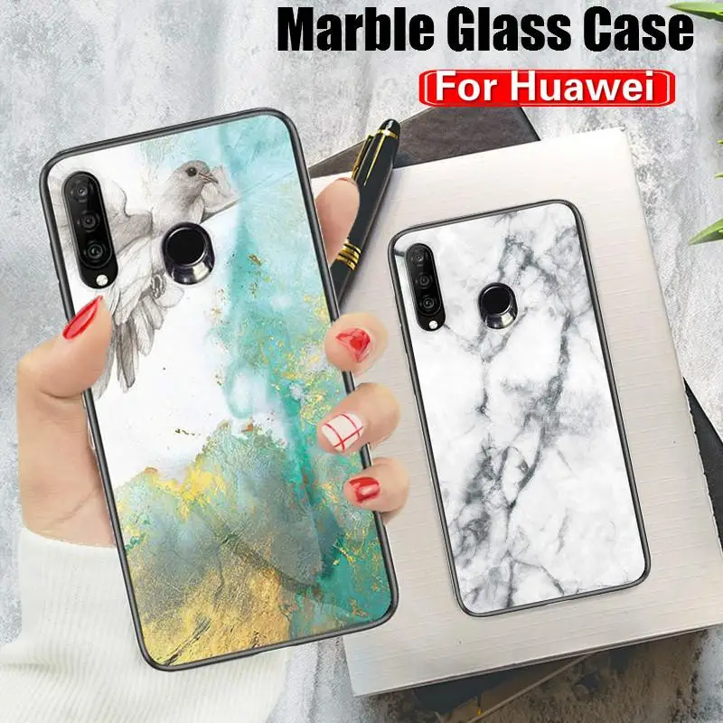 

Luxury Marble Glass Case For Huawei P Smart Plus 2019 P20 P30 Honor 9X Pro 8X 8C 8A 8 9 10 20 lite 10i 20i Thin Back Cover Case