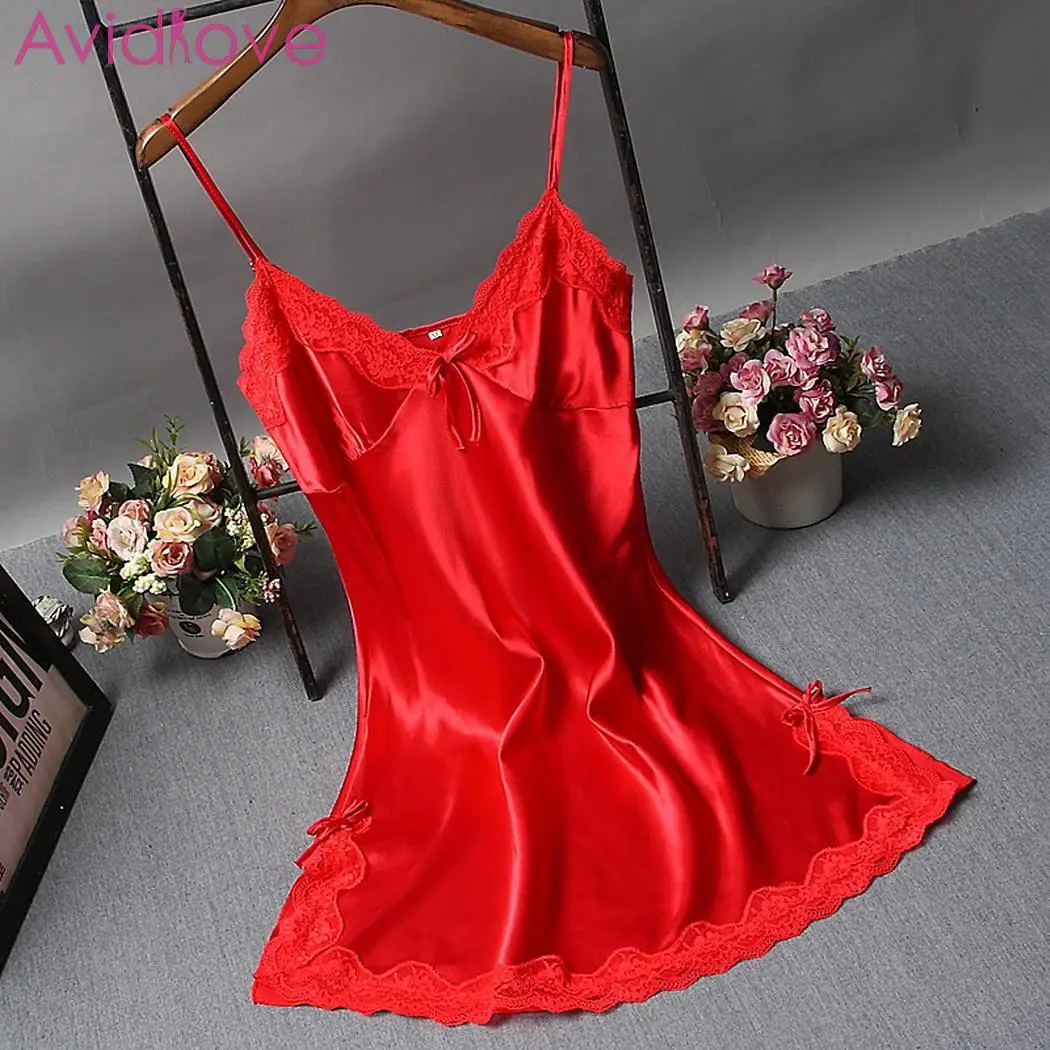 Women Faux Silk Sexy Nightdress Spaghetti Strap V-neck Sling Babydoll Female Sleeveless Lace Patchwork Plus Size Nightgown | Тематическая