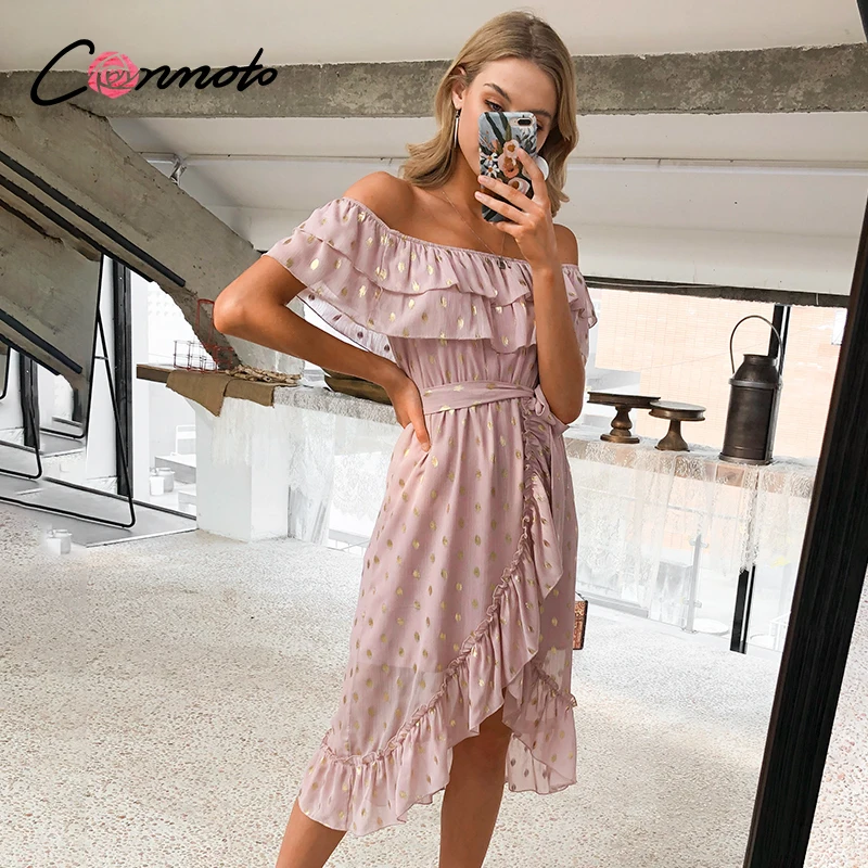 Женское шифоновое платье с открытыми плечами Conmoto розовое пляжное праздничное