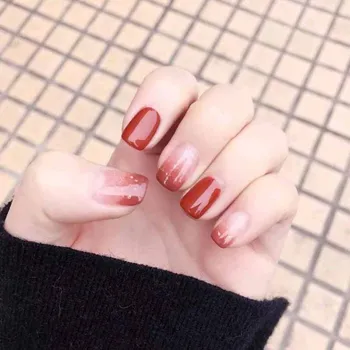 

24pcs/box with 2g glue Gradient False Nails press on Full Cover Artificial Brown Color Design Nail Tips Short size full cover