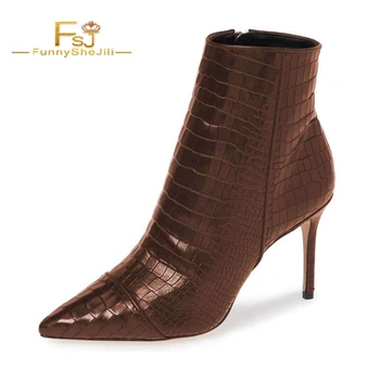 

Fashion Brown Stone Pattern Stiletto Women Booties High Heel Pointed Toe Side Zip Women's Ankle Boots Spring Autumn Big Size 16