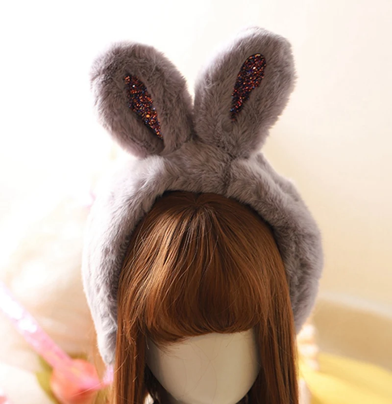 Rabbit Gray Лолита зимнее ухо теплые наушники Блестки Кролик кошка ухо муфты уха-лоскут оголовье - Цвет: Rabbit Gray