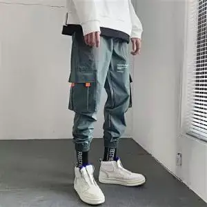 5 Cargo Pants Men Polyester Comfortable Drawstring Joggers Trousers Black White Many Pockets Ankle Banded Male Casual Pants Boys - Цвет: 5