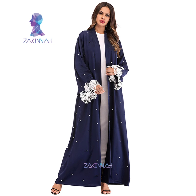 1637 Muslim Women Robe Beaded Lace Panel Cardigan Lace Cardigan Islamic Clothing - Цвет: Royal blue