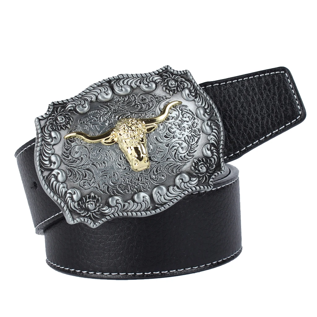 Classic Western Cowboy Rodeo Arabesque Catterl Head Men's Leather Belt Buckle